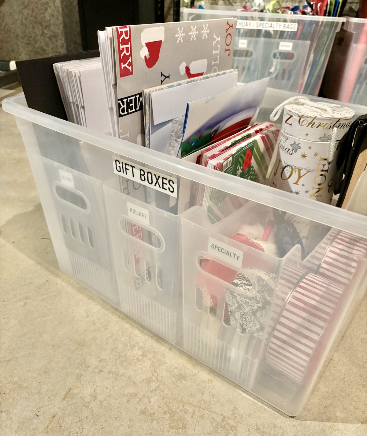 Christmas Gift bags Organized In Bin